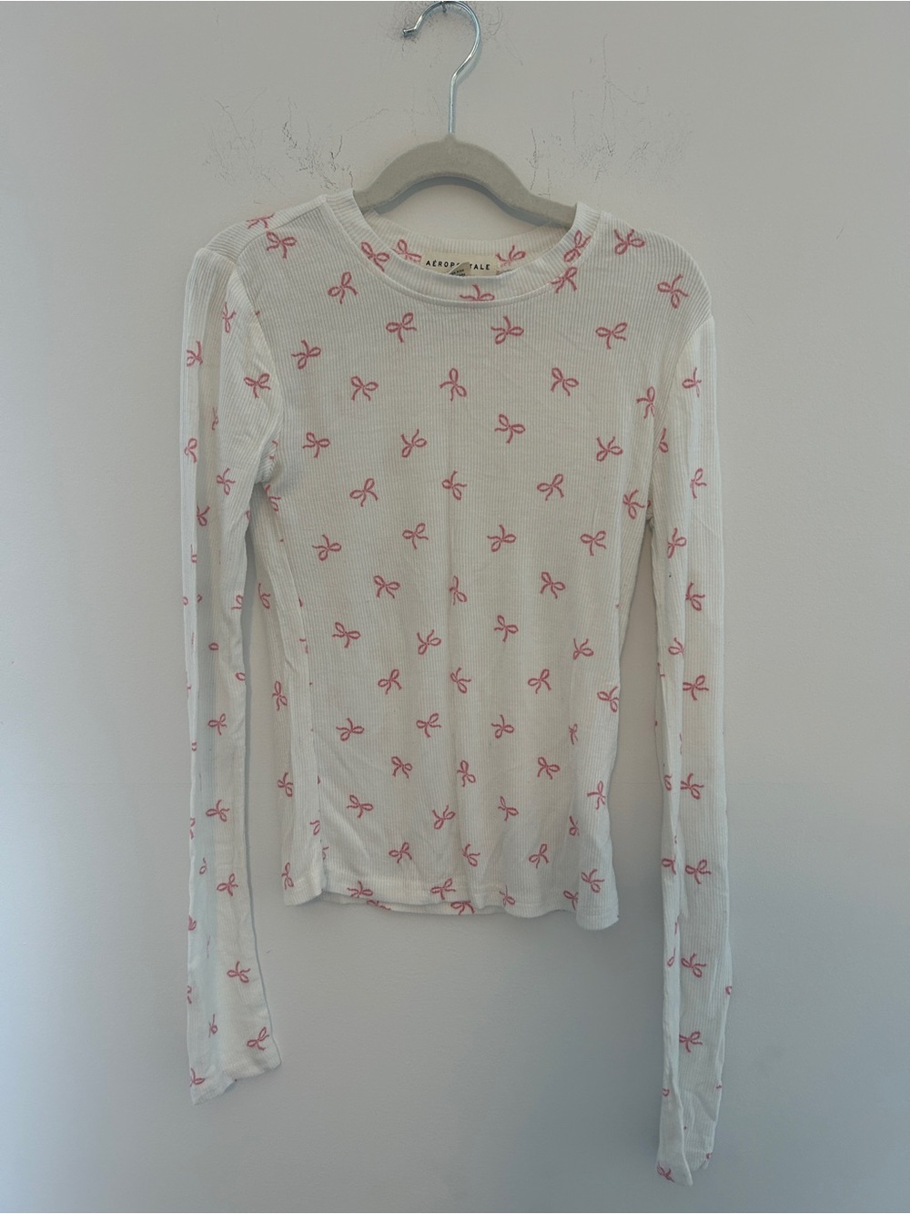 Aeropostale White Ribbed Long Sleeve Top with Pink Bow and Fold-Over Shorts Set